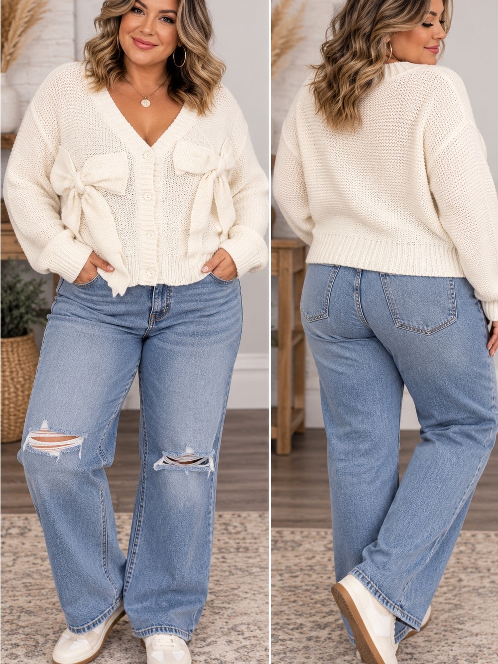 Simply Southern Cream Chunky Knit Cardigan with Bow Details